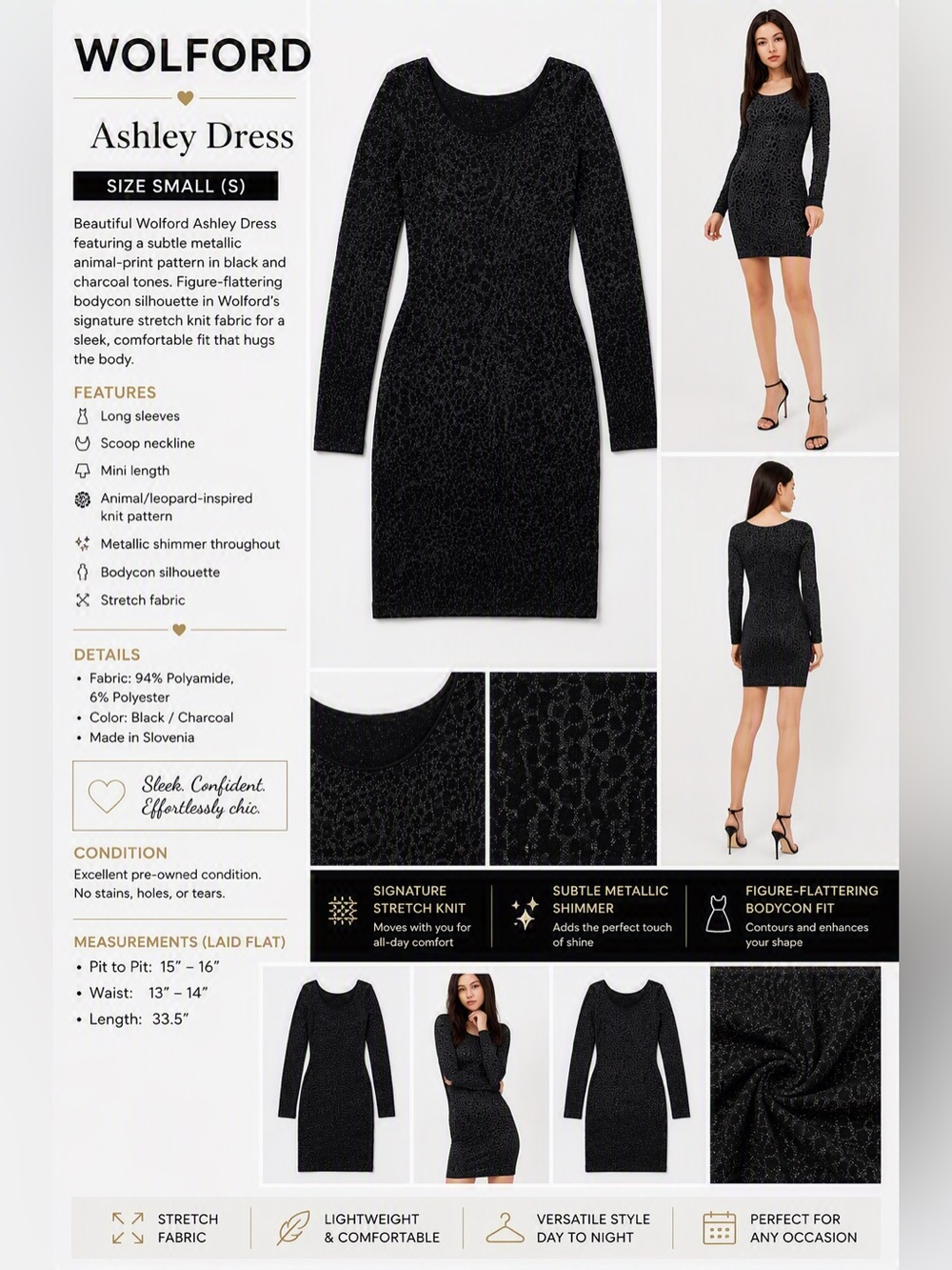 Wolford Ashley Dress Small Shimmer Animal Print Knit Bodycon Mini Dress
